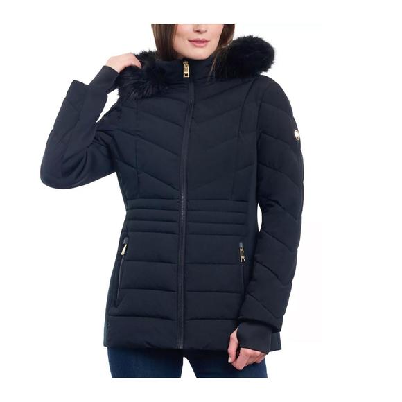 NEW MICHAEL KORS women's chevron faux fur hooded coat in black - Picture 1 of 2
